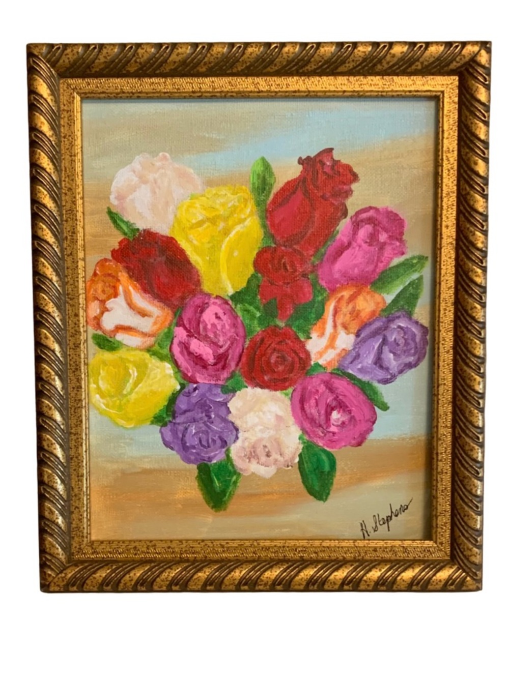 ORIGINAL ARTIST SIGNED ACRYLIC PAINTING ON CANVAS BOUQUET OF ROSES 8X10